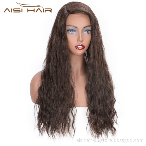 Aisi Hair Brown Color Lace Part Heat Resistant Synthetic Hair Wigs with Bangs Long Wavy Side Part Wigs for Black Women